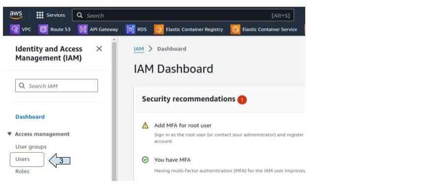 AWS portal showing users